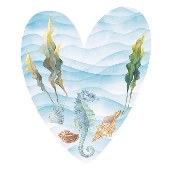 Herzförmige Aquarellzeichnung Meer Der Liebe Perfekt Als Grußkarte Einladung Gestaltungselement — Stockfoto