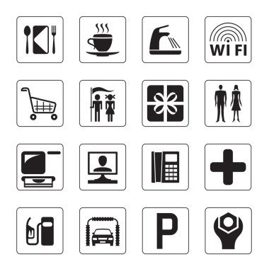 benzin istasyonu, alışveriş merkezi ve motel Icons set