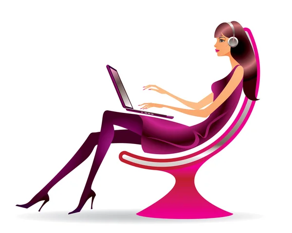 Femme dans une chaise moderne avec un ordinateur portable — Image vectorielle