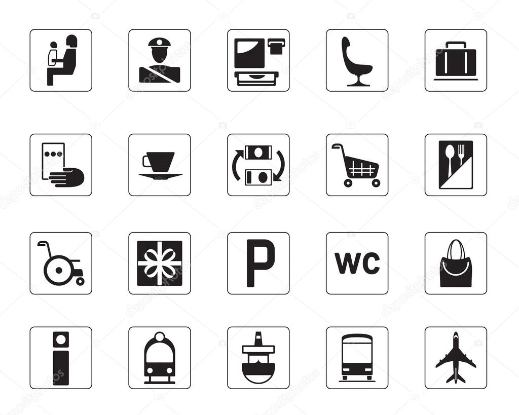 Airport, bus station and railway station icons set