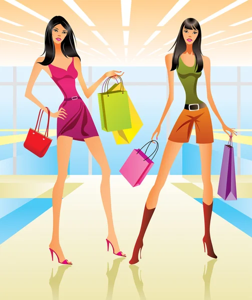 Shopping Girls in der Mall — Stockvektor