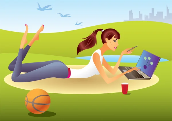 Parkın içinde laptop ile kız moda — Stok Vektör