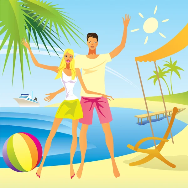 Couple romantique profiter de leurs vacances sur la plage — Image vectorielle