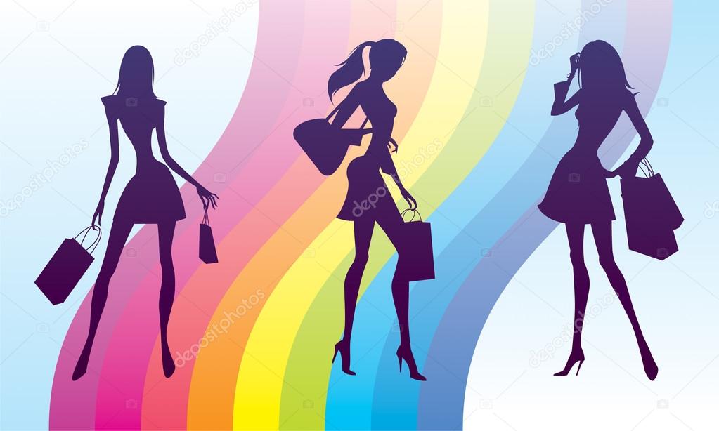 Shopping girls on fashion rainbow