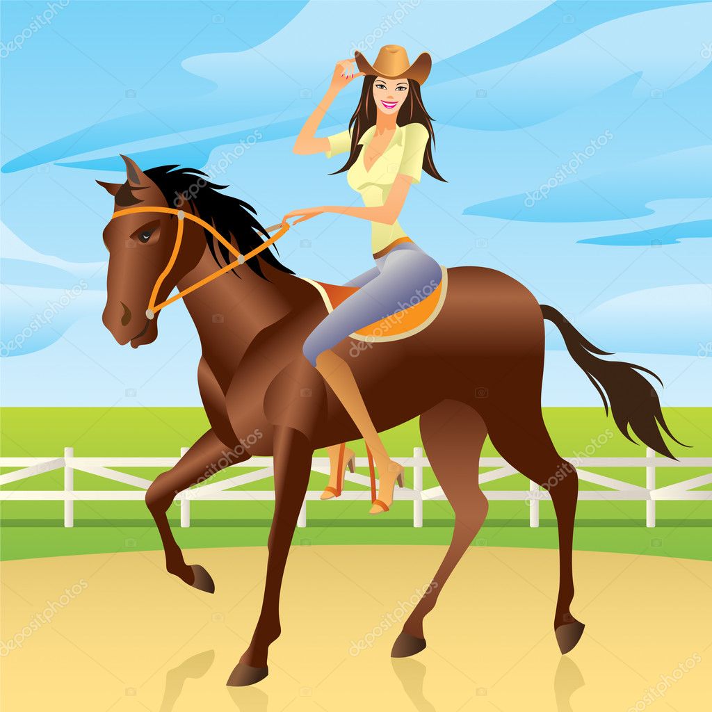 Mulher Com Pau De Cavalo garota está montando um cavalo no estilo ocidental — Vetor de Stock