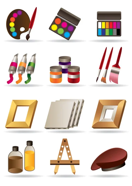 Pintura materiais e ferramentas para conjuntos de ícones de artistas —  Vetores de Stock
