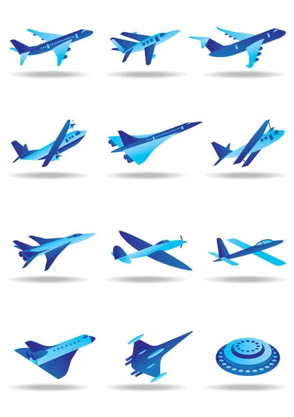 Different airplanes in flight icons set — Stock Vector