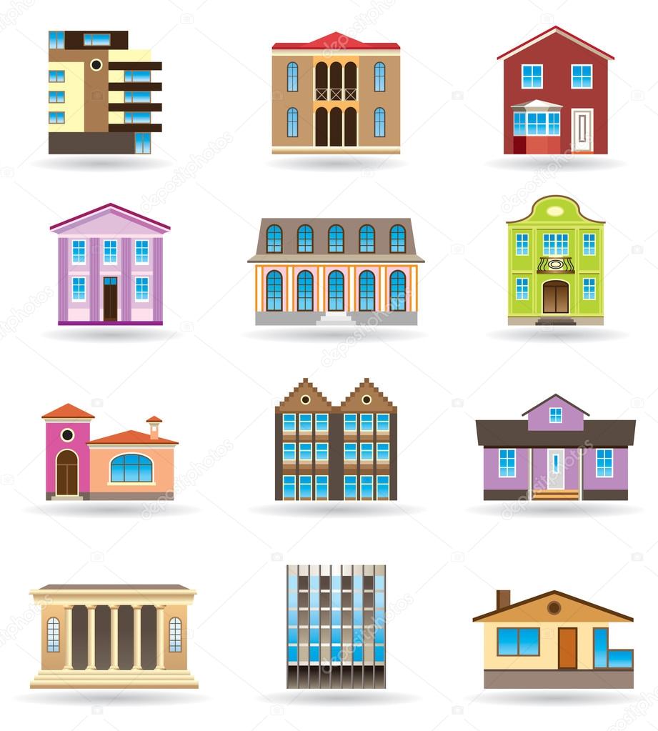 Buildings and houses in different architectural styles
