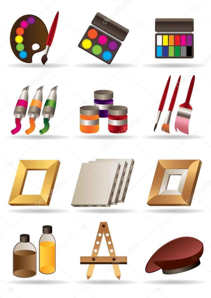 Painting materials and tools for artists icons set