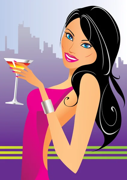 Beautiful woman with cocktails in the club — Stock Vector