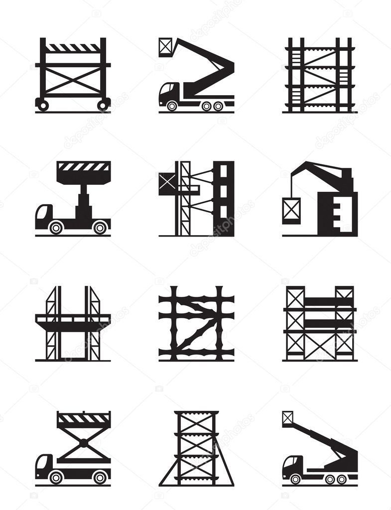 Scaffolding and construction cranes icon set