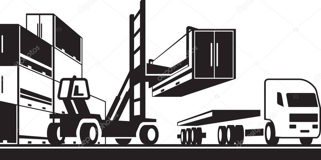 Forklift loading tractor truck with container - vector illustration