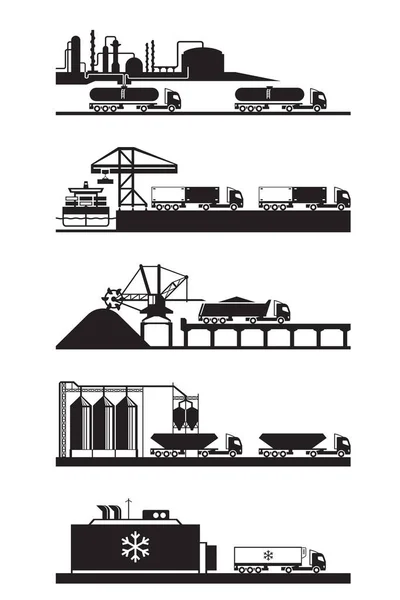 Lastbilar Med Släpvagnar För Olika Produkter Vektor Illustration — Stock vektor