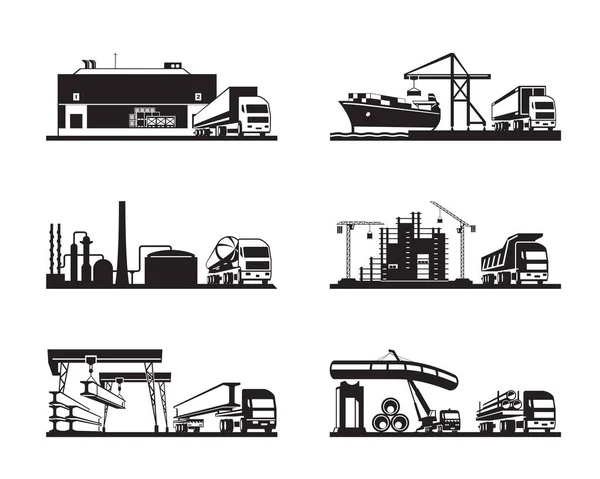 Caminhões Para Diferentes Indústrias Perspectiva Ilustração Vetorial — Vetor de Stock