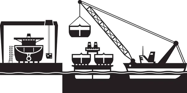 Heavy Lift Crane Carry Parts Shipyard Vector Illustration — Stock Vector