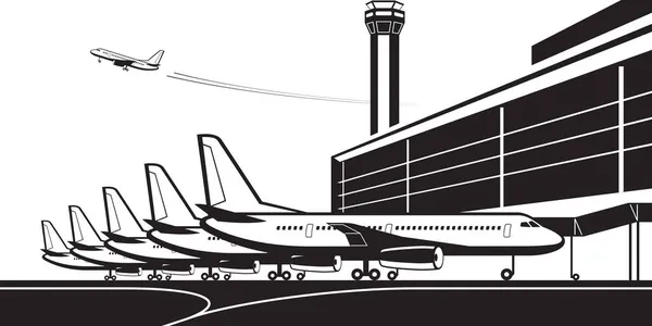 Passagerarflygplan Vid Flygplatsterminalen Vektorillustration — Stock vektor