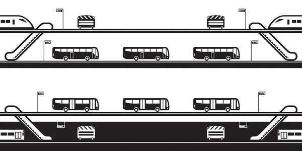 Tren Istasyonları Arasındaki Aktarma Otobüsleri Vektör Illüstrasyonu — Stok Vektör