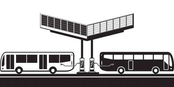 Güneş Panelleri Vektör Illüstrasyonlu Şarj Istasyonunda Elektrik Otobüsleri — Stok Vektör