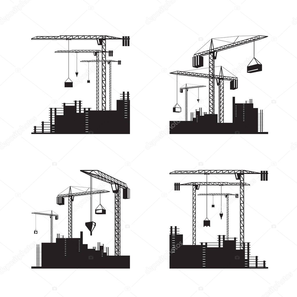 Tower cranes on construction site icons set- vector illustration