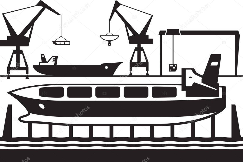 New industrial ship launch in the sea  vector illustration