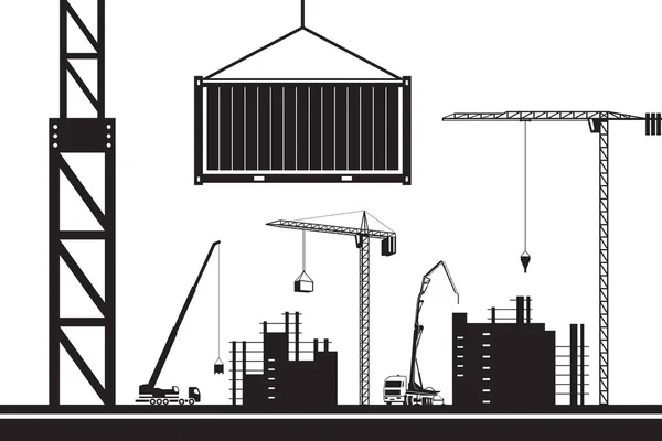 Crane Lifting Container Construction Site Vector Illustration — Stock Vector