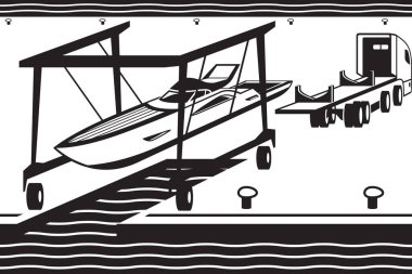 Mobil tekne, yatı kamyondan denize taşıyor. Vektör çizimi.