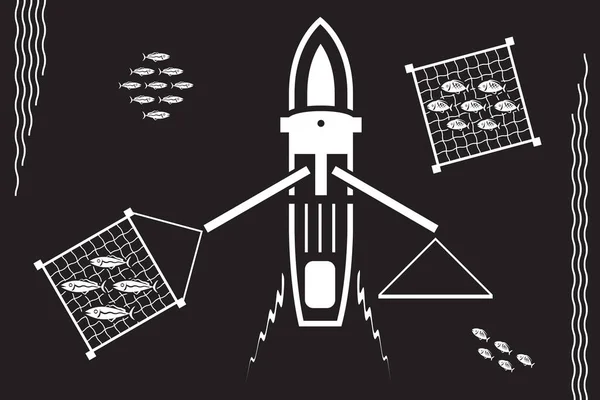 Fischerboot Nimmt Körbe Mit Fisch Den Meeresvektor Illustration — Stockvektor