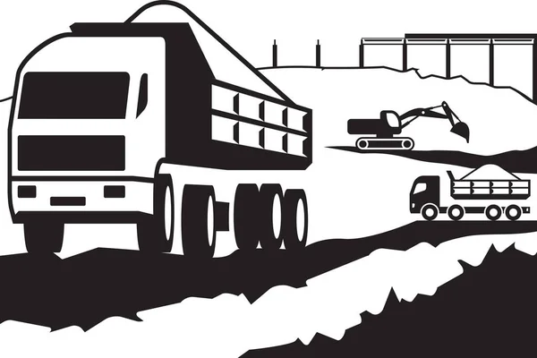 Βαρέα Φορτηγά Χωματερή Και Εκσκαφέας Στο Εργοτάξιο Διανυσματική Απεικόνιση — Διανυσματικό Αρχείο