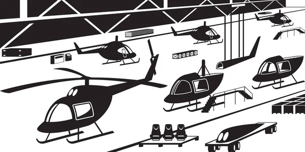Ilustrasi Vektor Garis Produksi Helikopter - Stok Vektor