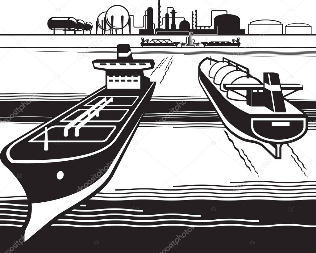 Tankers sailing to petroleum refinery sea export terminal - vector illustration