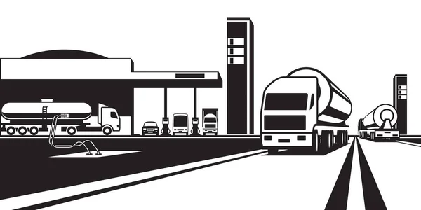 Camiones Cisterna Que Transportan Combustible Gasolineras Ilustración Vectorial — Vector de stock