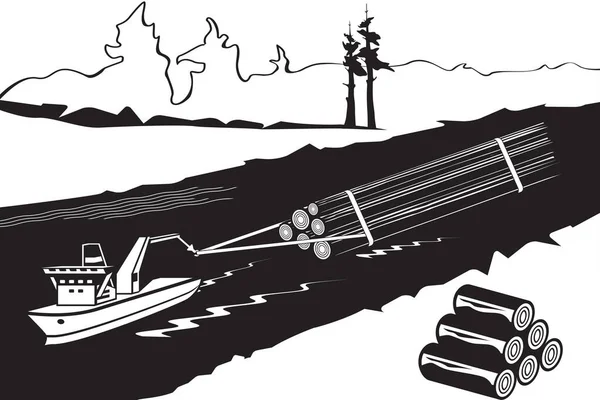 Tugboat Trekt Timbers Langs Rivier Vector Illustratie — Stockvector