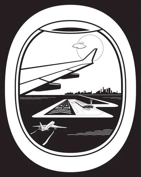 Vista Desde Ventana Los Aviones Pasajeros Ilustración Vectorial Del Aeropuerto — Archivo Imágenes Vectoriales