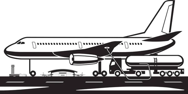 Φορτηγό Δεξαμενών Που Φορτώνει Αεροσκάφη Εικονογράφηση Φορέα Καυσίμου — Διανυσματικό Αρχείο