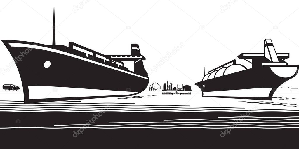 Tankers service oil and gas terminal - vector illustration