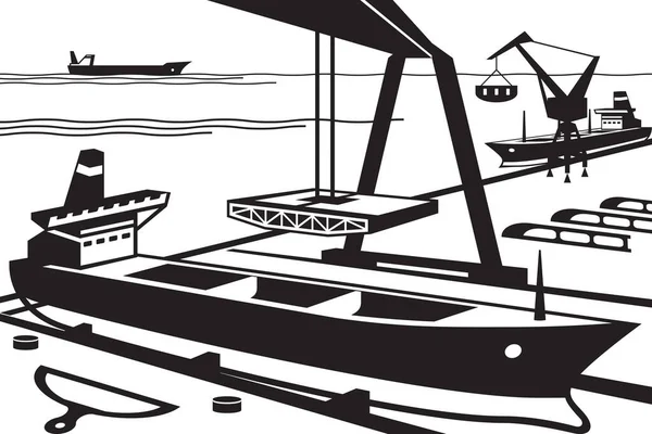 Hajógyár Dokkokkal Darukkal Vektor Illusztráció — Stock Vector