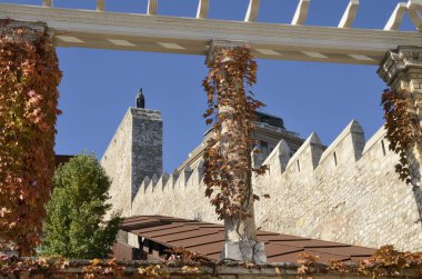 Budapeşte, Macaristan - 22 Ekim 2021: Macaristan 'da Budapeşte, Macaristan' da bahçesinden görünen heykeltıraş Laszlo Matyassy tarafından Bakire Meryem 'in bronz heykeli.