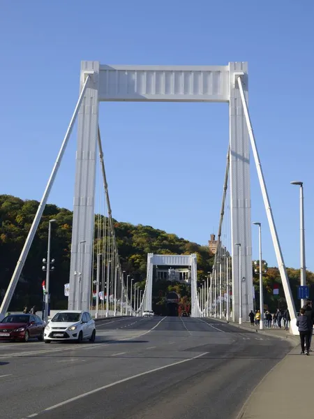 Budapeszt Węgry Października 2021 Ludzie Drodze Mostu Elżbiety Łączącego Budę — Zdjęcie stockowe