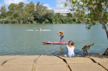 Seville, İspanya - 2 Haziran 2022 Seville, İspanya 'daki Guadalquivir nehrinin kıyısında kadın ve köpek.