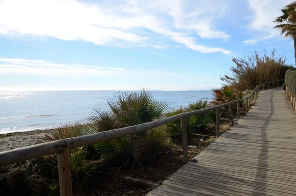 Rustikaler Holzsteg Strand Neben Wildpflanzen Estepona Malaga Andalusien Spanien — Stockfoto