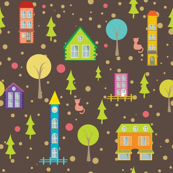 都市のシームレスなパターンの家や木明るい背景に — ストックベクタ