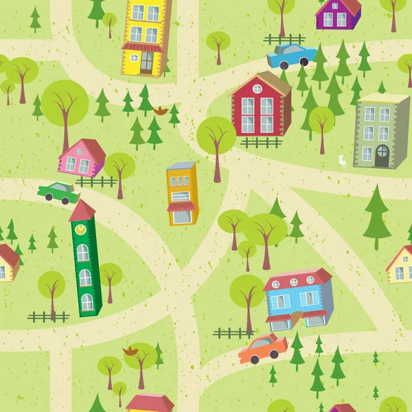 Carte de bande dessinée motif sans couture avec des maisons et des routes — Image vectorielle