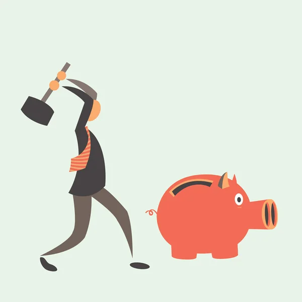 Business man breaking piggy — Stock Vector