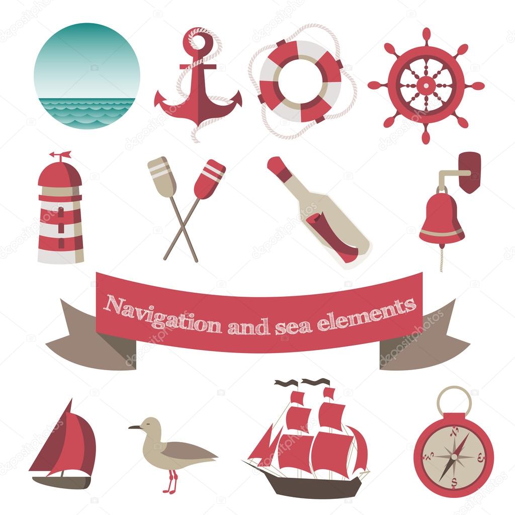 Navigation and sea icons and elements with an anchor, the ships,