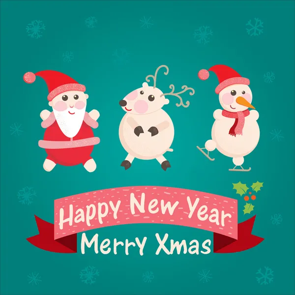 Carte de voeux avec Père Noël, bonhomme de neige et rennes — Image vectorielle