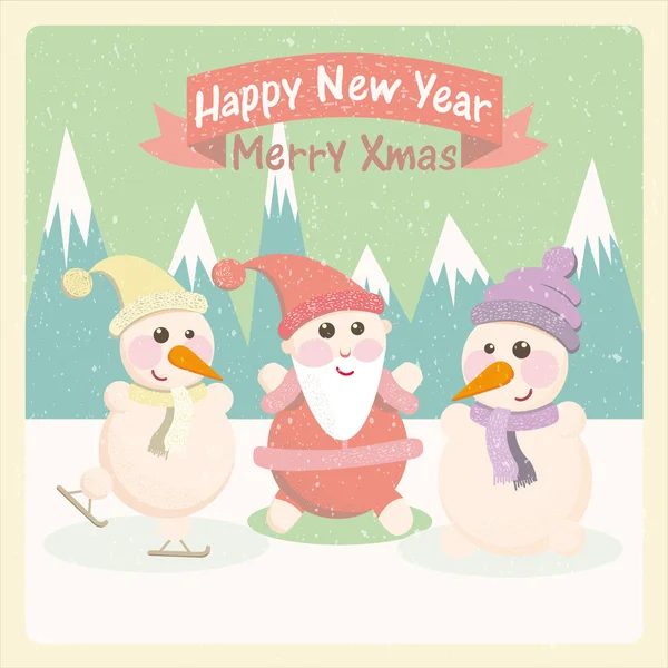 Vintage vector illustration of a snowman and Santa Claus among the mountains — Stockvector