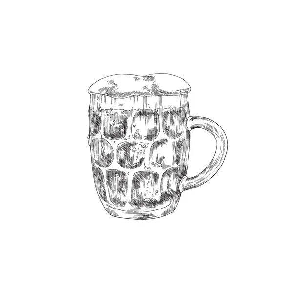 Полная огромная стеклянная кружка пива с пеной, нарисованная вручную векторная иллюстрация изолирована. — стоковый вектор