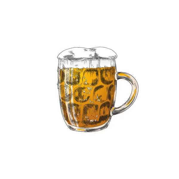 Caneca de cerveja de vidro desenhada à mão de cor com espuma, ilustração vetorial gravada isolada. —  Vetores de Stock