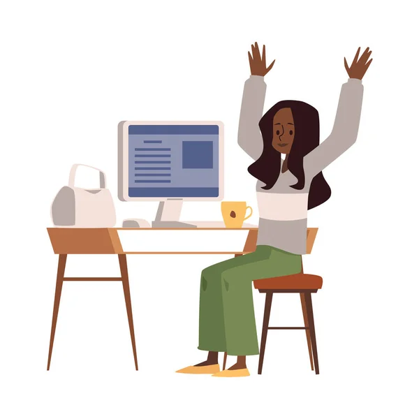 Vrouw met sport pauze tijdens het werk in het kantoor, platte vector illustratie geïsoleerd op witte achtergrond. — Stockvector