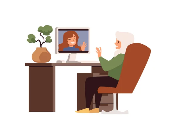 Mulher idosa se comunica usando computador ilustração vetorial plana isolada. — Vetor de Stock
